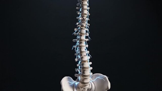 Close-up 3D Render of Human Spine with Neural Pathways.