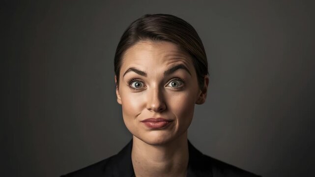 Smirking woman portrait with skeptical smirk and raised eyebrow expression, surprised wide eyed