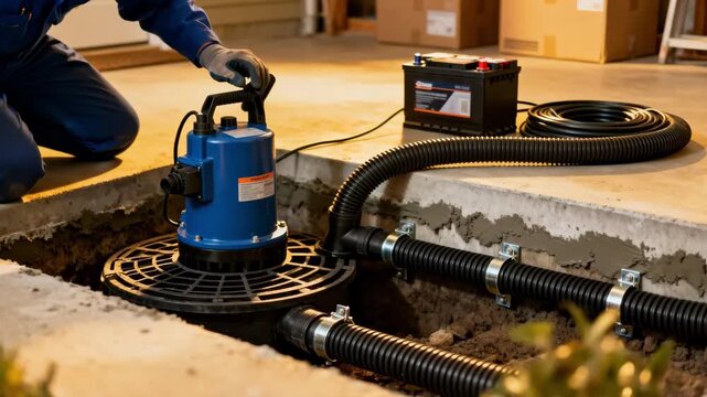 Technician carefully installing a sump pump in a residential basement to protect against flooding emphasizing the waterproof system and secure drainage setup.