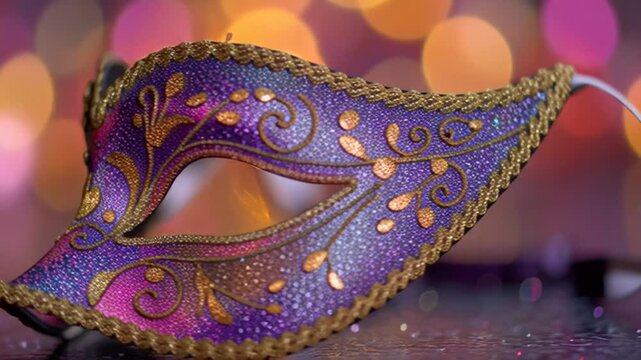 Vibrant Purple and Gold Venetian Carnival Mask with Intricate Designs.