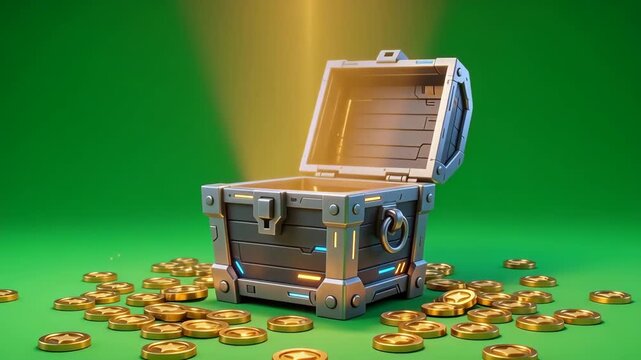 Animated Sci-Fi Treasure Chest Opening with Glowing Light and Gold Coins