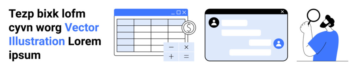 Fototapeta premium Business analytics, communication, teamwork, technology, user interface, productivity. Spreadsheet, chat interface and person analyzing data. Business analytics and communication concept