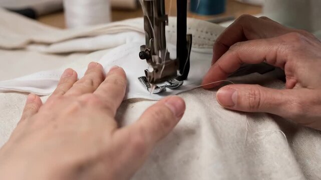 Closeup of a tailor sewing a fusible waistband interfacing to fabric ensuring smooth adhesion and neat structure for a polished garment finish.