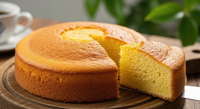 Golden baked sponge cake with a slice removed, showing its fluffy texture, served on a wooden board