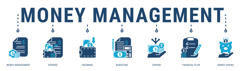 Money Management web banner icon vector illustration featuring Money Management, Expense, Incoming, Budgeting, Expend and Financial Plan