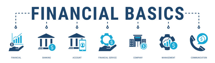 Financial Basics web banner icon vector illustration featuring Financial, Banking, Account, Financial Service, Company, Management and Communication