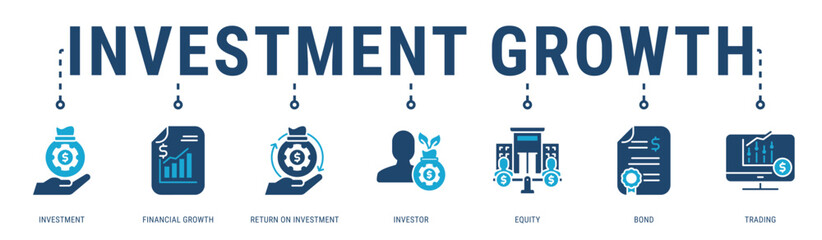 Investment Growth web banner icon vector illustration featuring Investment, Financial Growth, Return On Investment, Investor, Equity and Bond
