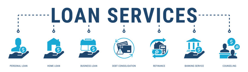 Loan Services web banner icon vector illustration with Personal Loan, Home Loan, Business Loan, Debt Consolidation, Refinance and Banking Service