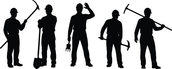 Construction worker silhouette set, with tools including pickaxe shovel helmet laborer poses, industrial workforce vector illustration isolated white background stock © MdYaqub