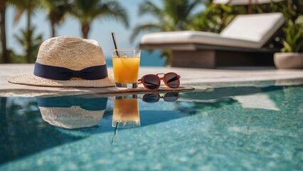 Obraz premium Tranquil Poolside Retreat: A straw hat, stylish sunglasses, and a refreshing drink rest invitingly on the edge of a crystal-clear pool, embodying the essence of relaxation and escape. 