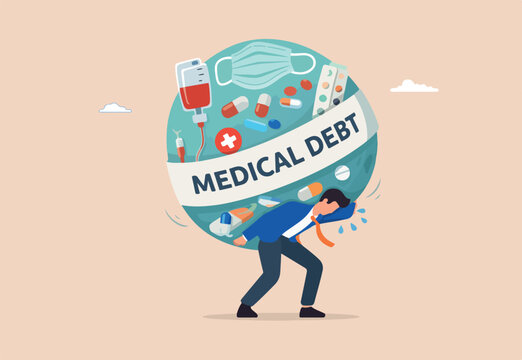  Medical debt, health care and treatment cost from Covid-19 disease, hospital expense or drug and medicine bills concept, broke bankrupt man giant medicine debt burden after cure from COVID-19