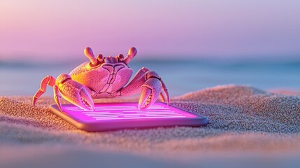 surreal business animals, Surreal imagery, financial, Surreal Silliness, Crab Using a Colorful Display on the Beach at Sunset with Soft Sand and Gentle Waves