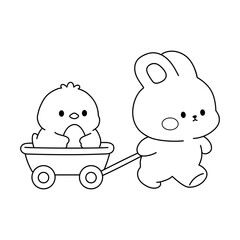 Coloring Page of a Cute Bunny Pulling a Little Wagon Filled with Cute Chick Holding an Easter Egg.  Cute Bunny and Chick Coloring Page for Easter Activity Printable.  © hanazumi