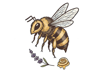 Obraz premium Detailed illustration of a honey bee in flight, with lavender sprigs and a drop of honey, in a charming, hand-drawn style.