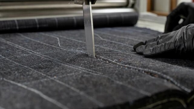 Industrial straightknife fabric cutting of suiting material focusing on sharp blade movement and multiple fabric layers showcasing tailoring preparation process.