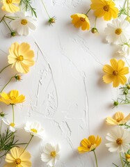 明るく軽やかな白い漆喰壁を背景に、コスモスの花を外周に散りばめた季節感のあるビジュアルです。
中央には縦方向を意識した大きな余白を確保し、広告コピーやブランド表現に最適な構図。
細い花びらと茎、淡い黄色と白の配色が、視覚的な軽さと清潔感を演出します。
秋のはじまりや季節の切り替えをテーマにした広告に幅広く活用できます。