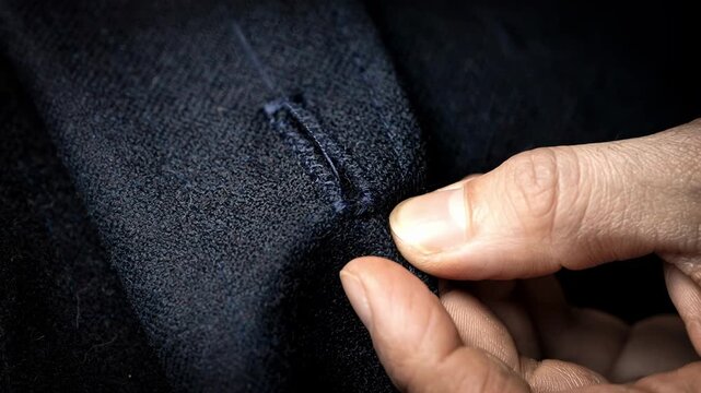Tailored handstitched buttonhole being delicately crafted with needle and thread emphasizing artisanal skill and traditional tailoring techniques on fine cloth.