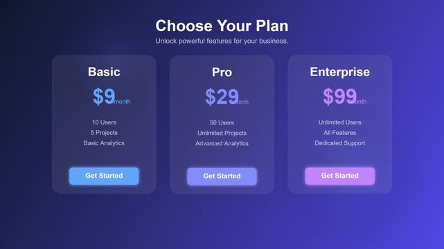 Choose Your Plan Basic, Pro, and Enterprise subscription options with pricing details and features