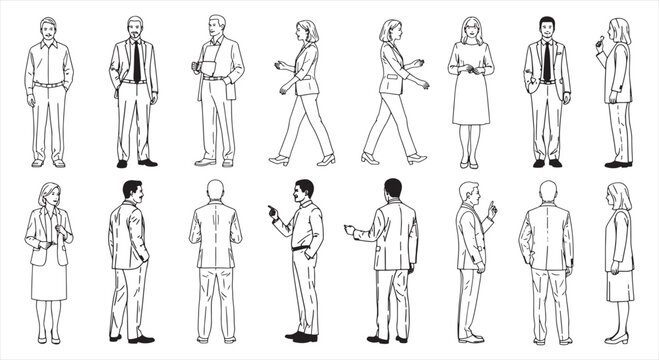 CAD People Vector Collection &ndash; Editable Thin Line Human Figures for Architectural Plans and Workspace Design