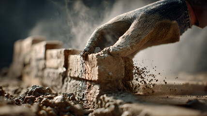Bricklayer hand laying brick wall construction
