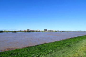 Fototapeta premium 増水した秋の台風一過の翌朝の江戸川風景