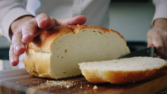 Slicing Fresh Bread on Wooden Cutting Board