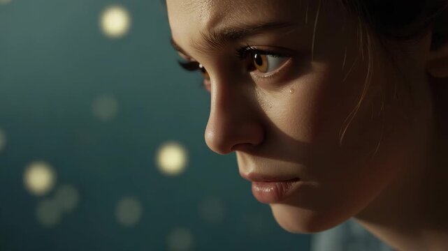 Young woman profile portrait close up tear on cheek melancholic mood with soft bokeh lights