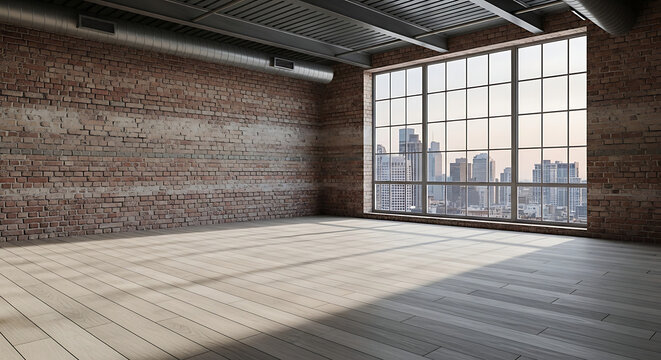 Minimalist industrial loft interior showcasing a spacious empty room with natural sunlight through a large window featuring polished wooden flooring and a contemporary rustic red brick wall