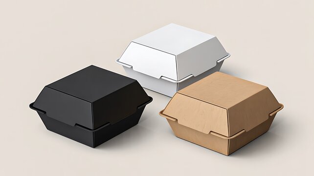 Set of black white and takeaway food boxes isolated on beige background
