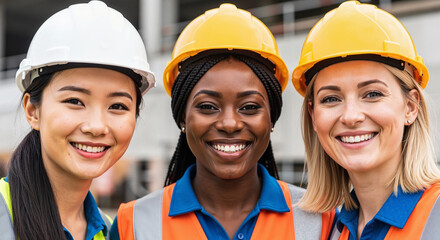 Group of diverse smiling female construction workers in hard hats and safety vests, International Women's Day and female friendship concept