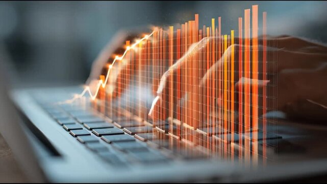 A person typing on a laptop keyboard with a vibrant graph overlay displayed on the screen