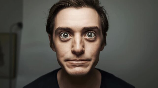 Young man portrait with dramatic lighting and wide eyes conveying intense surprise, expressive