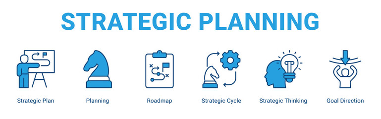 Strategic Planning web banner icon concept,  with Strategic Plan, Planning, Roadmap, Strategic Cycle, Strategic Thinking, Goal Directi.