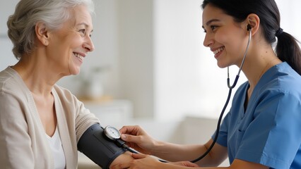 Fototapeta premium Nurse checking blood pressure of elderly woman
