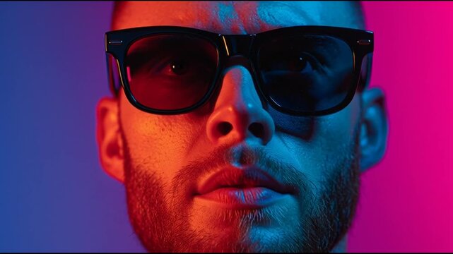 Close-up portrait of a man wearing sunglasses against a vibrant colored background