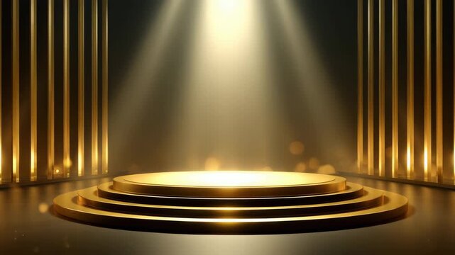 Golden circular stage pedestal and podium on luxury platform under dramatic spotlighting with gold vertical metallic columns and elegant panels creating theater style award atmosphere and bokeh glow