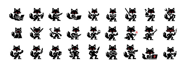 Collection of Black and White Fox Character Icons with Various Poses and Objects