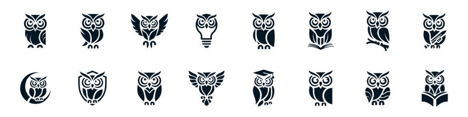 Collection of Stylized Owl Icons Representing Wisdom and Knowledge