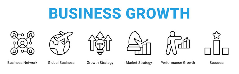 Obraz premium Business Growth web banner icon concept, with Business Network, Global Business, Growth Strategy, Market Strategy, Performance Growth, Success.