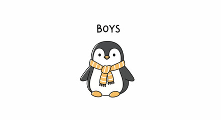 A cartoon penguin wearing an orange scarf stands on a plain white background with the word 'BOYS' above it.