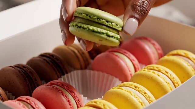hand pick macaron on the white box