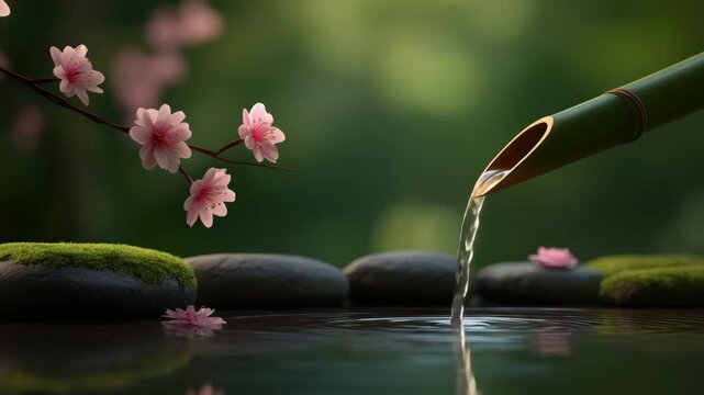 Bamboo fountain cherry blossom moss stone water ripple zen garden tranquility spa relaxation spring nature peaceful bamboo water fountain with flowing stream smooth river stones moss and pink cherry