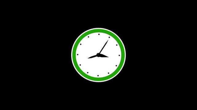 Simple and clean white and light green clock animation on bright black background. Minimal circular design symbolizing time countdown timer timekeeper analog clock 24 hour day fast speed clock.