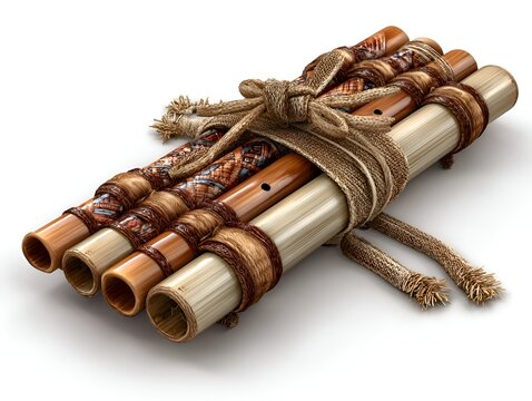 An ethnic pan flute instrument made of bamboo tubes is tied together with a natural rope against a plain white background studio shot.