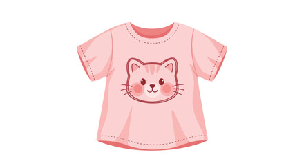 A pink short-sleeved t-shirt with a cartoon cat face design on the front against a white background.