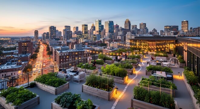 Luxurious Rooftop Garden Deck with Downtown City Skyline View at Sunset. Modern Urban Farm and Lounge Area overlooking a Metropolitan Landscape during Twilight.