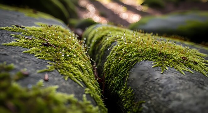 Extreme Macro: Vibrant Green Moss with Sparkling Dew Drops on Wet Stone. Detailed Nature Background, Forest Floor Texture and Bokeh.