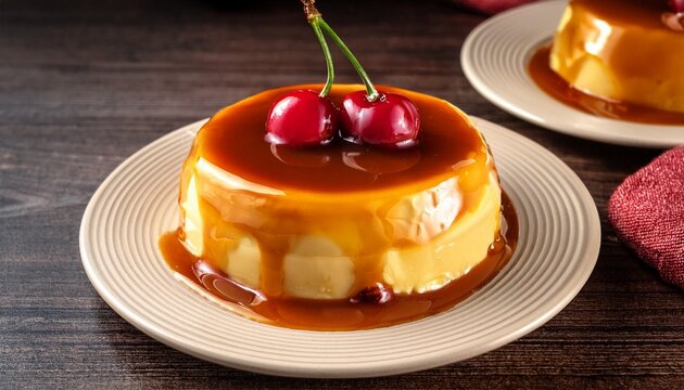 Quesillo Venezolano Cubierto Con Caramelo Y Cerezas Para El Postre