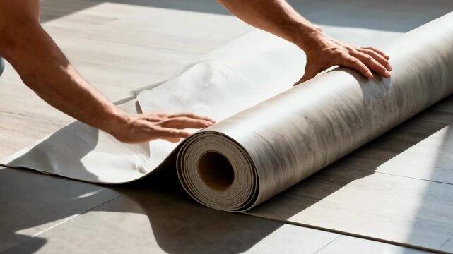 Worker aligning large rolls of linoleum seamlessly on a floor highlighting the materials flexibility and resilience for durable commercial use.