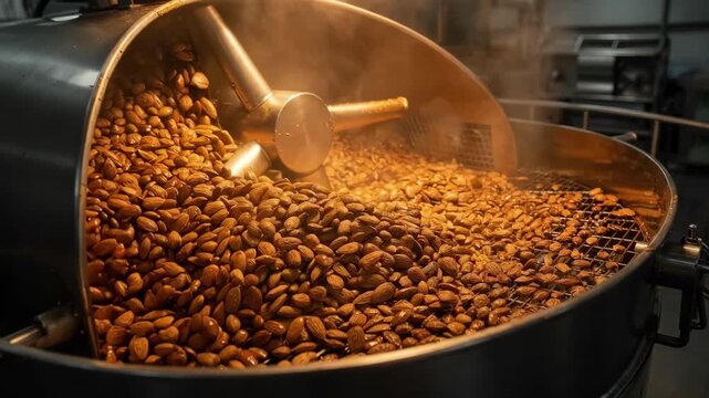 Medium shot of raw almonds being evenly roasted in a large industrial drum with steam rising capturing the transformation from raw to crunchy snack.